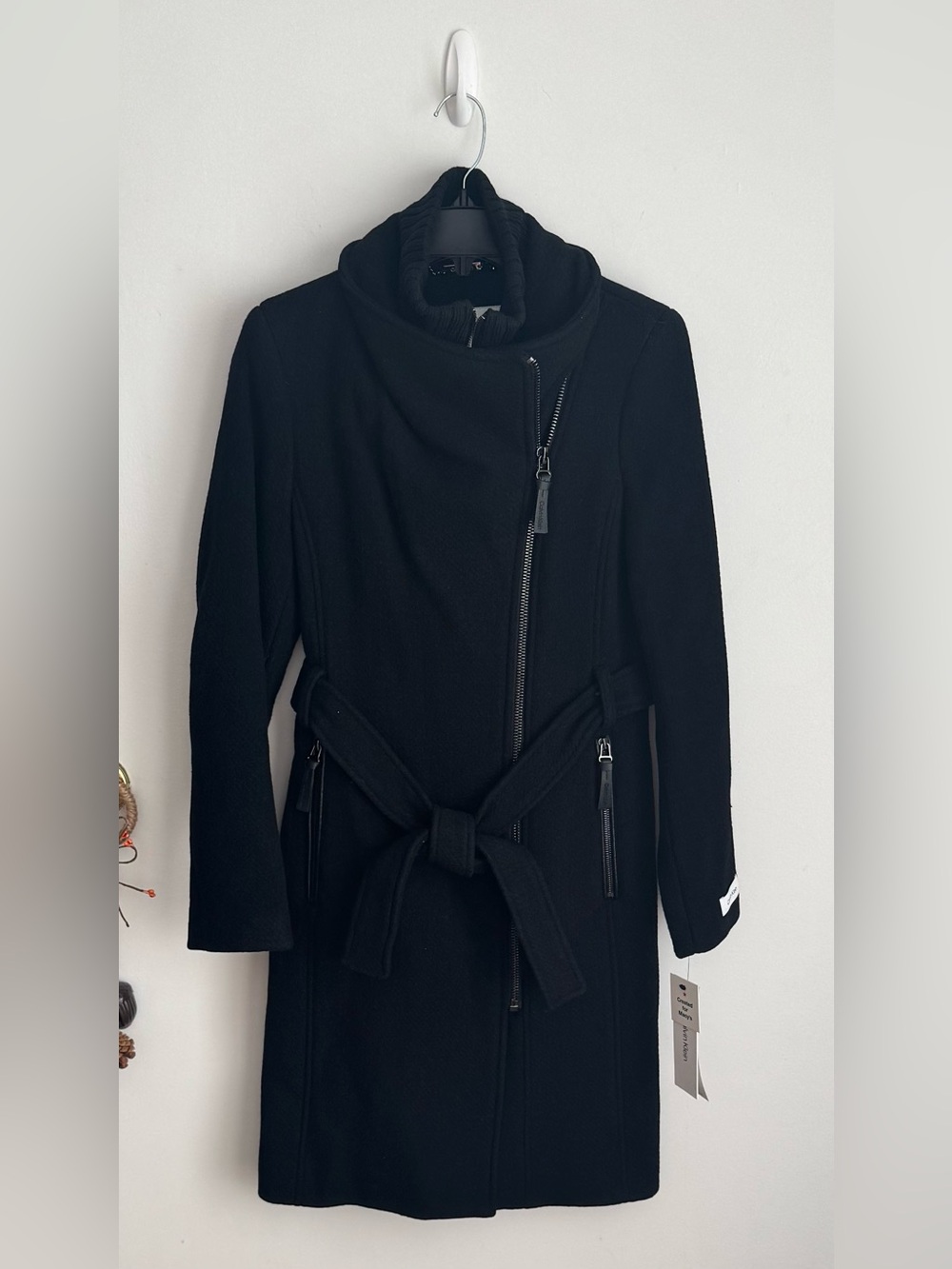 NWT Calvin Klein Wool Blend Belted Wrap Coat Black XXS $400 MSRP